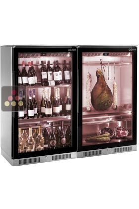 Combined single or multi-temperature wine service cabinet with refrigerated display cabinet for cold cuts storage