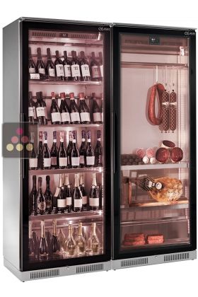Combined single or multi-temperature wine service cabinet with refrigerated display cabinet for cold cuts storage