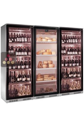Combination of 2 single or multi-temperature wine cabinets and a refrigerated display cabinets for cheese storage