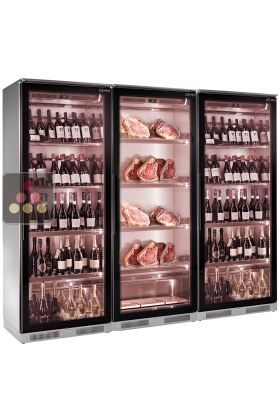 Combination of 2 wine cabinet and a refrigerated display cabinet for meat maturation