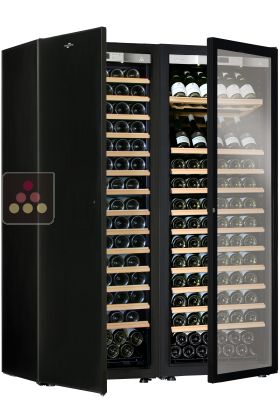 Combination of 2 single temperature wine cabinets for ageing or service - Sliding/inclined shelves - Full Glass and solid door