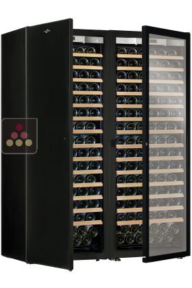 Combination of 2 single temperature wine cabinets for ageing and/or service - Sliding shelves - solid and Full Glass door
