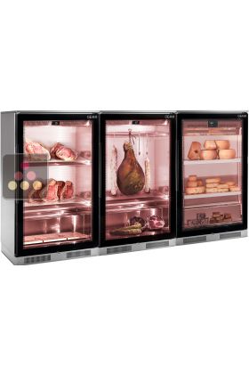 Combination of 3 refrigerated display cabinets for dry-aging, cold cuts and cheese