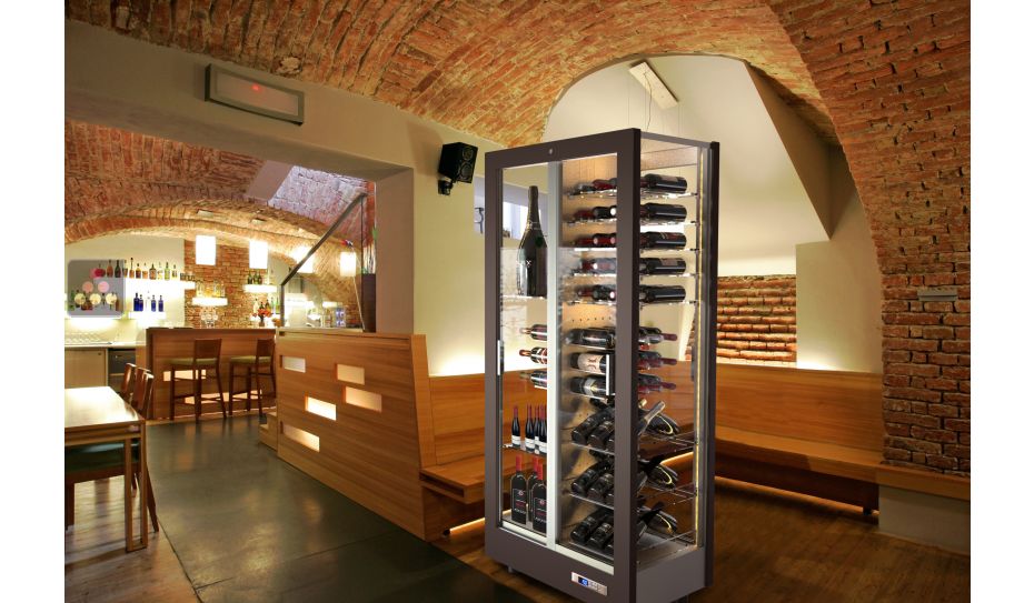 Multi-temperature wine display cabinet for service and storage - 4 glazed sides - Mixed shelves - Wooden cladding