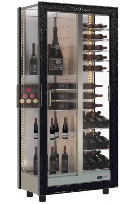 Multi-temperature wine display cabinet for service and storage - 3 glazed sides - Mixed shelves - Wooden cladding