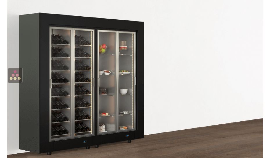 Freestanding combination of 2 professional refrigerated display cabinets for wine, snacks and desserts - Flat frame