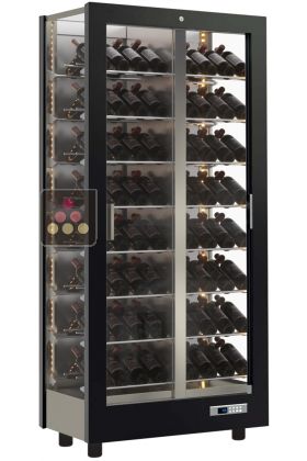 Multi-temperature wine display cabinet for service and storage - 3 glazed sides - Inclined bottles - Wooden cladding