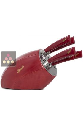 Set of 5 Chef knives + Red leather and stainless steel knives holder