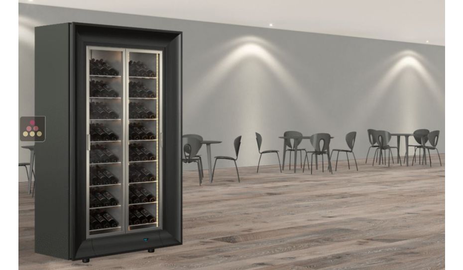 Through-glass display wine cabinet for service or storage - Inclined bottles
