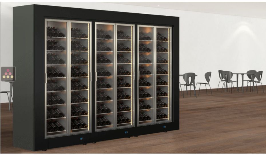 Combination of 3 professional multi-temperature wine display cabinets for central installation - Inclined bottles - Flat frame