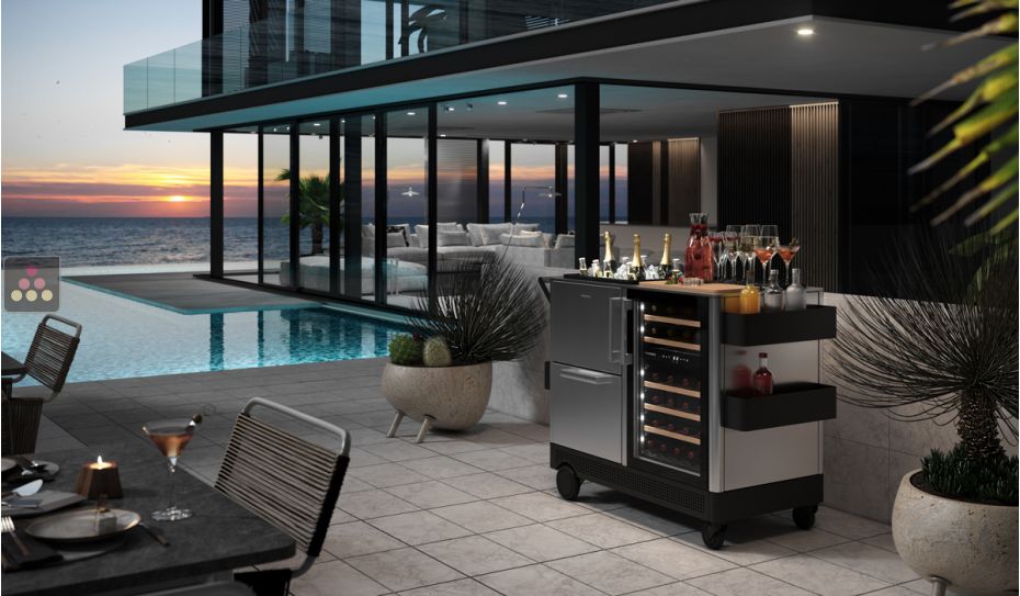 Outdoor mobile bar with dual temperature refrigerated cabinet and insulated presentation bin