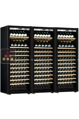 Combination of a 3 single temperature ageing or service wine cabinets - Full Glass door - Inclined and Sliding shelves