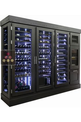 Custom-made ageing wine cabinet with a built-in dual temperature service cabinet and a standing bottles drawer
