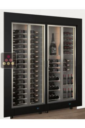 Built-in combination of 2 professional multi-temperature wine display cabinets - Mixed shelves - Flat frame