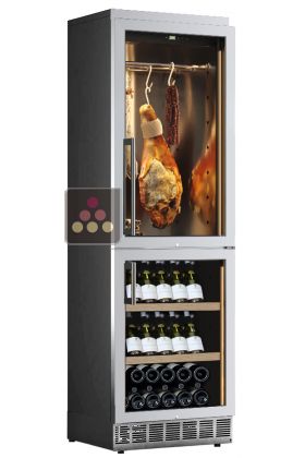 Built-in dual-temperature combination : wine and cured meat cabinets - Stainless steel front - Inclined bottles