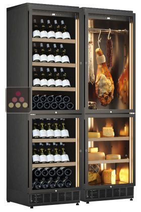 Built-in combination of 2 wine cabinets, a cheese and cured meat cabinet - Inclined bottle display