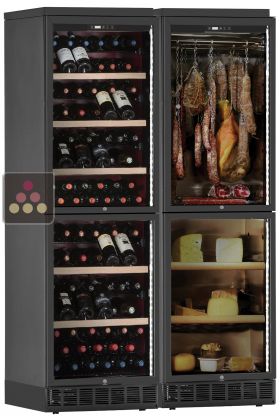 Built-in combination of 2 wine cabinets, a cheese and cured meat cabinet - Inclined bottle display