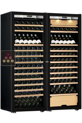 Combination of a single temperature wine cabinet and a 3 temperatures multipurpose wine cabinet - Storage/inclined shelves - Full Glass door