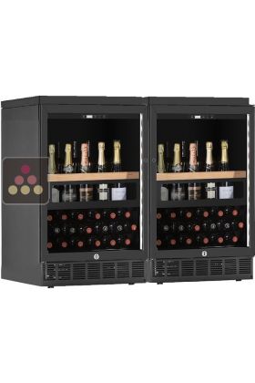 Combination of 2 built-in single temperature wine cabinets for wine storage or service with a sliding shelves for standing bottles