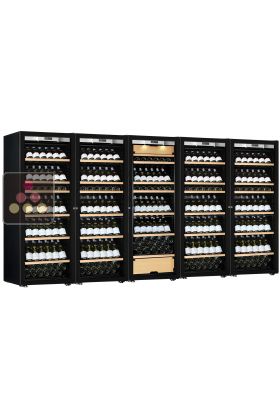 Combination of 4 single temperature wine cabinets and a 3 temperatures multipurpose wine cabinet - Inclined bottles - Full Glass door