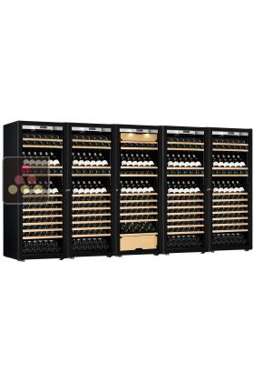 Combination of 4 single temperature wine cabinets and a 3 temperatures multipurpose wine cabinet - Inclined/sliding shelves - Full Glass door