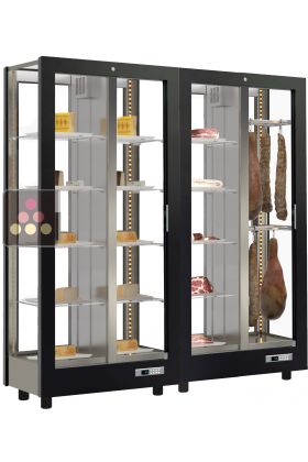 Combination of 2 professional refrigerated display cabinets for cheese and cured meat - 4 glazed sides - Magnetic and interchangeable cover