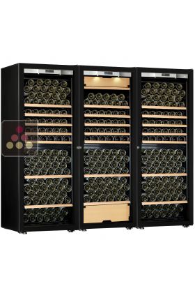 Combination of a 2 single temperature wine cabinet and a 3 temperatures multipurpose wine cabinet - Storage/sliding shelves - Full Glass door