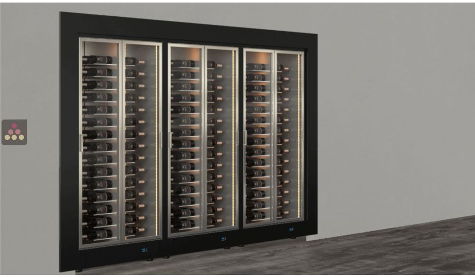 Built-in combination of 3 professional multi-temperature wine display cabinets - Horizontal bottles - Flat frame