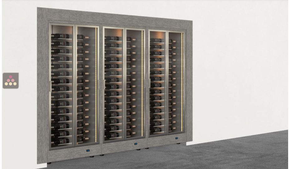 Built-in combination of 3 professional multi-temperature wine display cabinets - Horizontal bottles - Flat frame