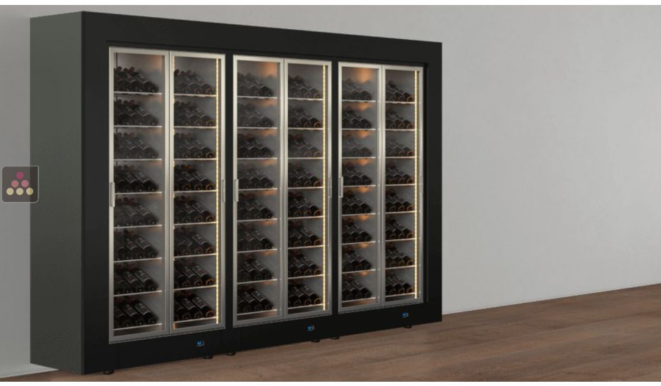 Freestanding combination of 3 professional multi-temperature wine display cabinets - Inclined bottles - Flat frame