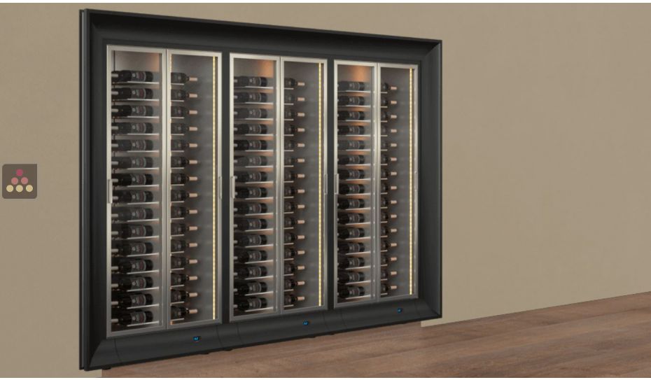 Built-in combination of 3 professional multi-temperature wine display cabinets - Horizontal bottles - Curved frame