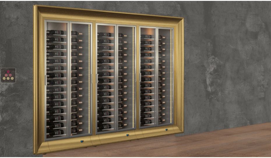 Built-in combination of 3 professional multi-temperature wine display cabinets - Horizontal bottles - Curved frame