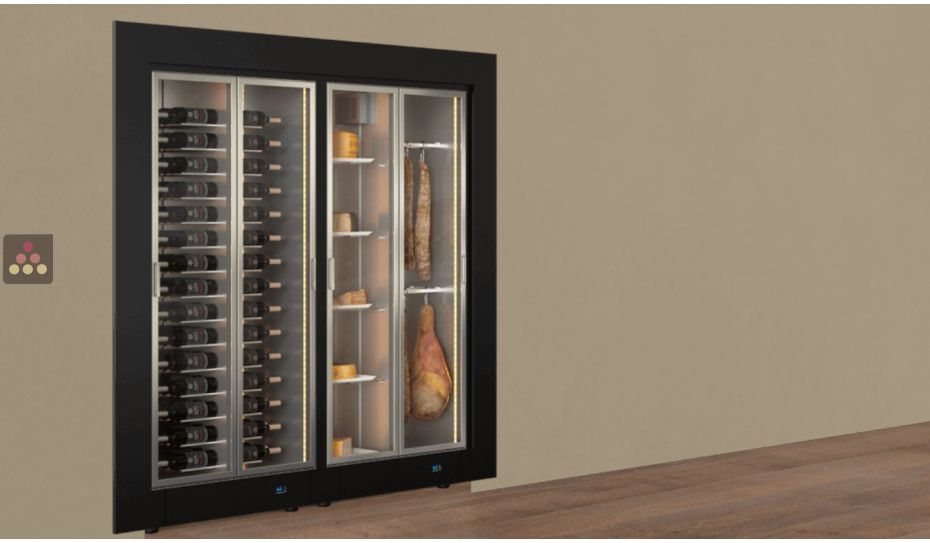 Built-in combination of 2 professional refrigerated display cabinets for wine, cheese and cured meat - Flat frame