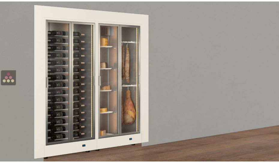 Built-in combination of 2 professional refrigerated display cabinets for wine, cheese and cured meat - Flat frame