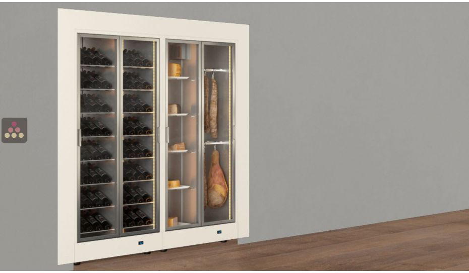 Built-in combination of 2 professional refrigerated display cabinets for wine, cheese and cured meat - Flat frame