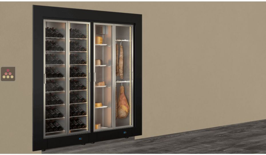 Built-in combination of 2 professional refrigerated display cabinets for wine, cheese and cured meat - Flat frame