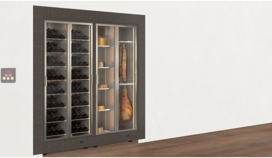 Built-in combination of 2 professional refrigerated display cabinets for wine, cheese and cured meat - Flat frame