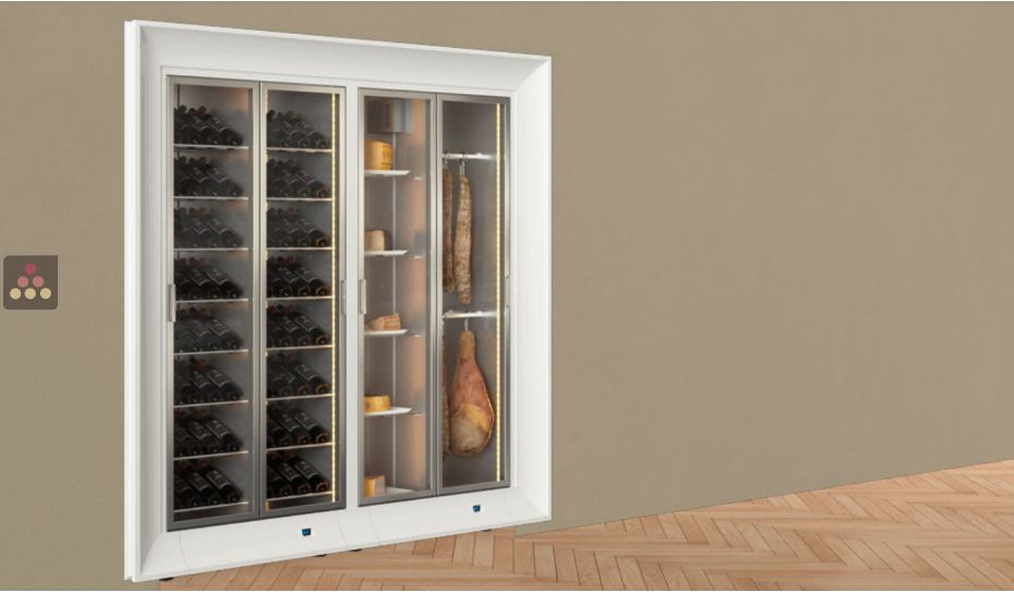 Built-in combination of 2 professional refrigerated display cabinets for wine, cheese and cured meat - Curved frame