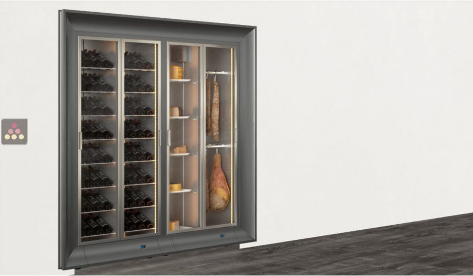 Built-in combination of 2 professional refrigerated display cabinets for wine, cheese and cured meat - Curved frame