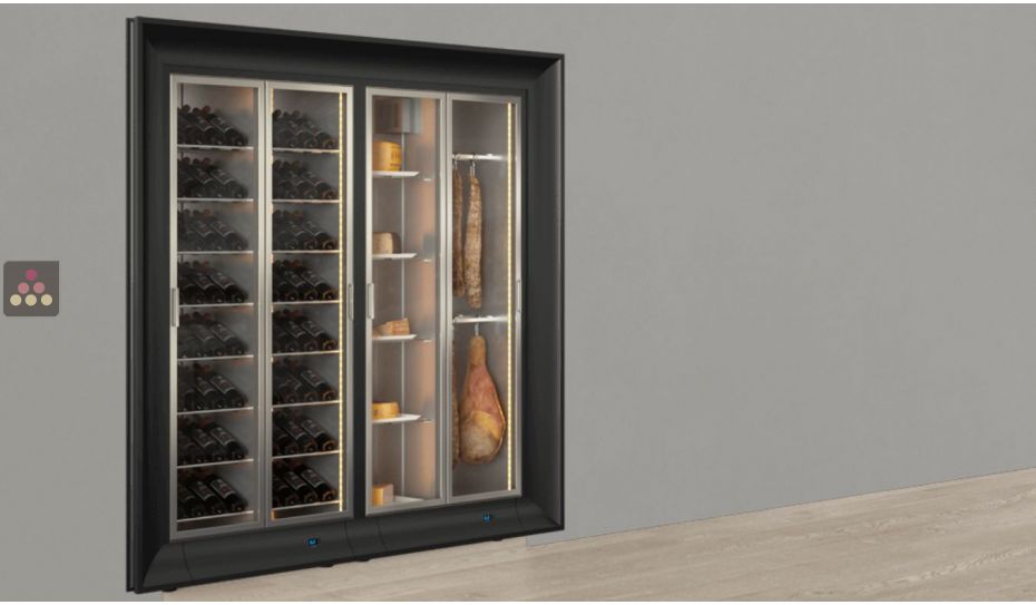 Built-in combination of 2 professional refrigerated display cabinets for wine, cheese and cured meat - Curved frame