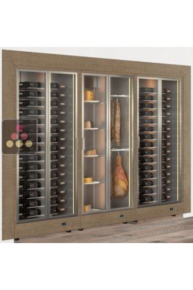 Built-in combination of 3 professional refrigerated display cabinets for wine, cheese and cured meat - Flat frame