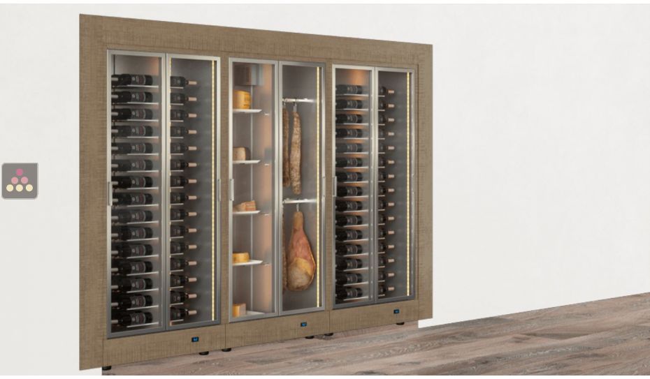 Built-in combination of 3 professional refrigerated display cabinets for wine, cheese and cured meat - Flat frame