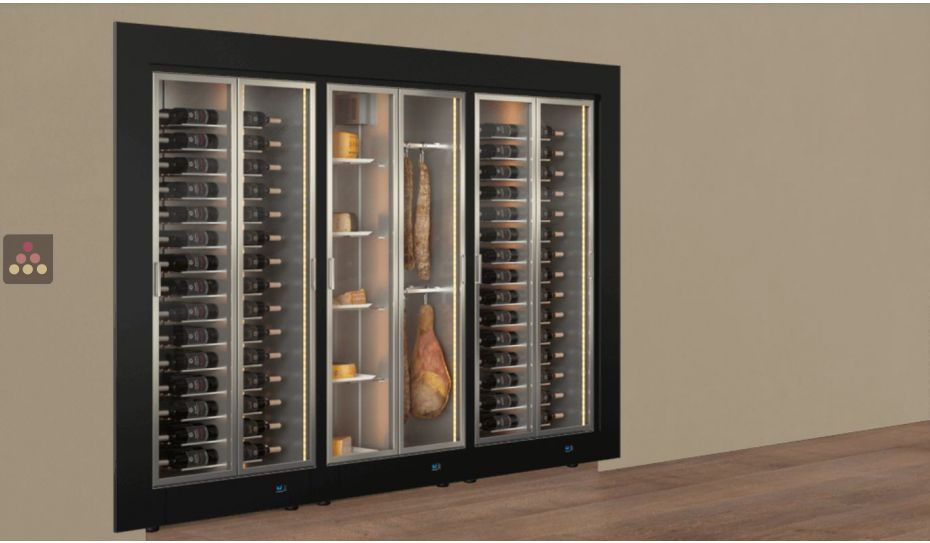 Built-in combination of 3 professional refrigerated display cabinets for wine, cheese and cured meat - Flat frame