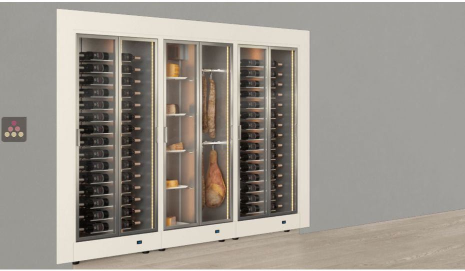 Built-in combination of 3 professional refrigerated display cabinets for wine, cheese and cured meat - Flat frame