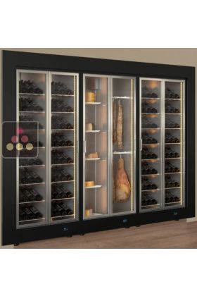 Built-in combination of 3 professional refrigerated display cabinets for wine, cheese and cured meat - Flat frame