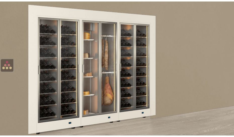 Built-in combination of 3 professional refrigerated display cabinets for wine, cheese and cured meat - Flat frame