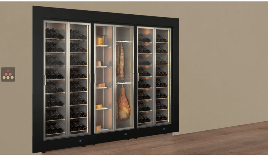 Built-in combination of 3 professional refrigerated display cabinets for wine, cheese and cured meat - Flat frame