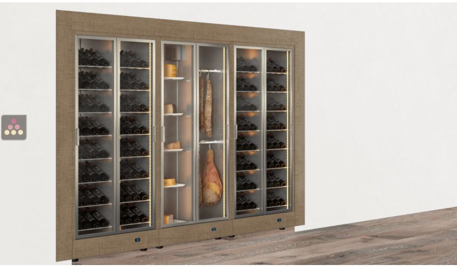 Built-in combination of 3 professional refrigerated display cabinets for wine, cheese and cured meat - Flat frame