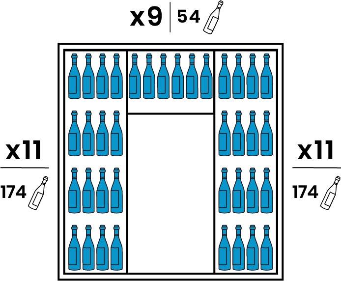 Both lateral sides are equipped with 11 large wooden shelves. The Backside is equipped with 9 smaller wooden shelves. The wood tint is identical to the outdoor completions. Capacity of 402 bottles