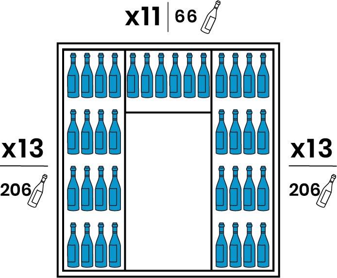 Both lateral sides are equipped with 13 large transparent Plexiglas shelves. The Backside is equipped with 11 smaller transparent Plexiglas shelves. Capacity of 478 bottles